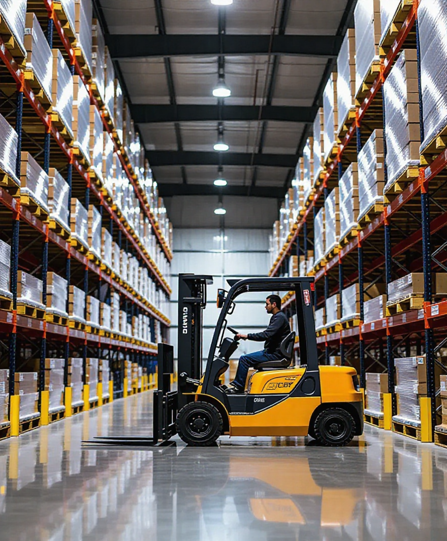 Almacén logístico moderno con sistemas de estanterías, montacargas y personal operando en un entorno de trabajo eficiente